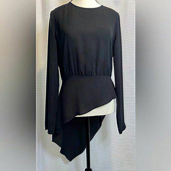 Women’s BCBG asymmetric‎ chic black semi sheer long sleeved blouse size small - Picture 1 of 13